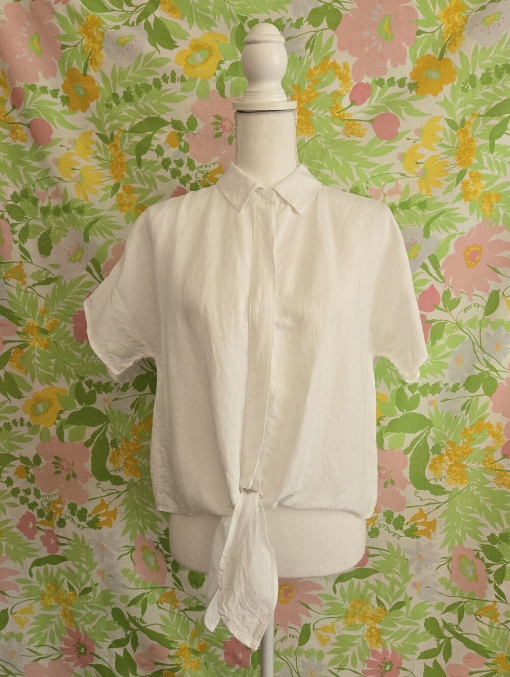 Linen Blend White Button Up Tie Front Blouse